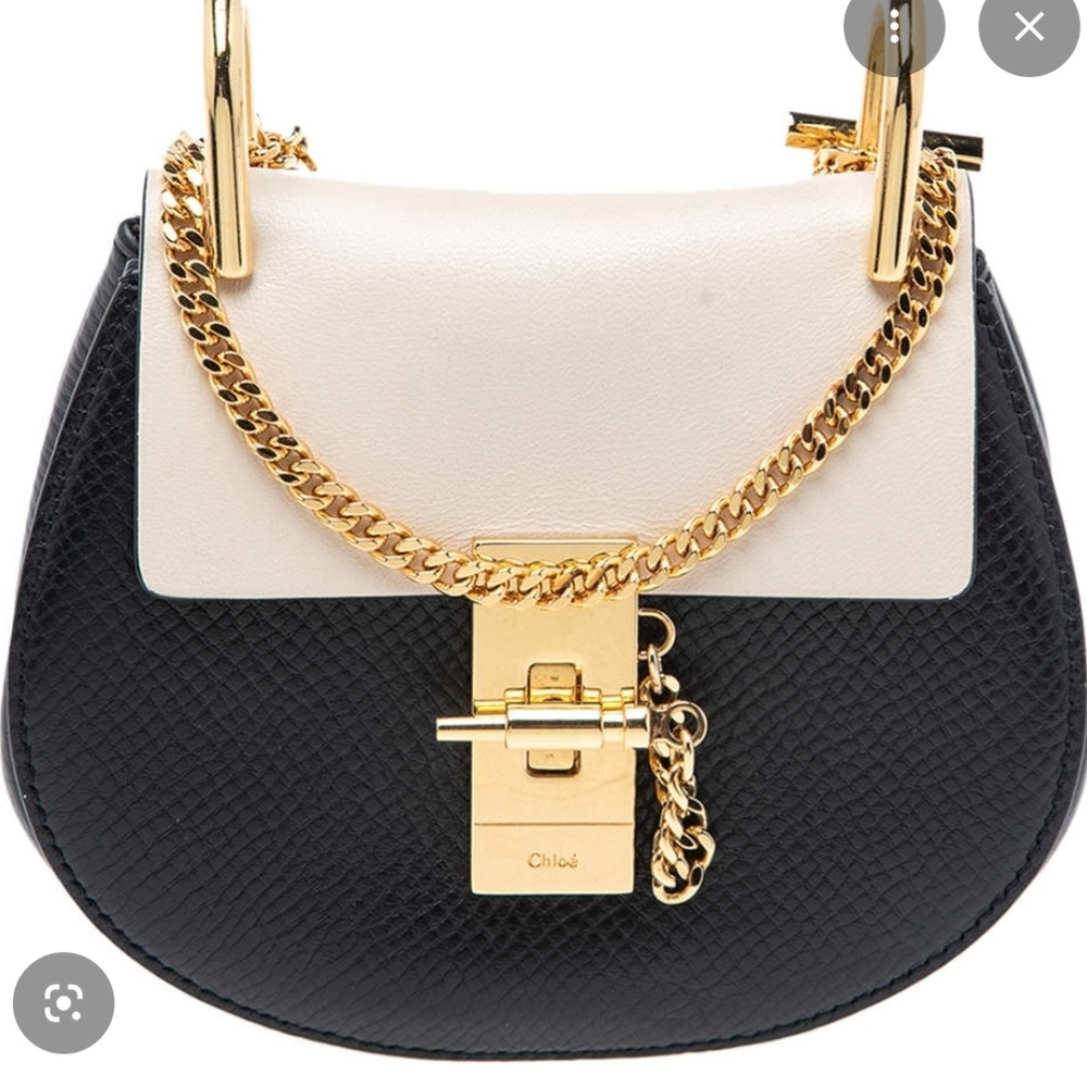 Chloe Navy, Tan and Cream Crossbody Bag with Gold Chain